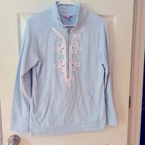 Lilly Pulitzer cotton quarter zip, light blue with white trim detail, size M